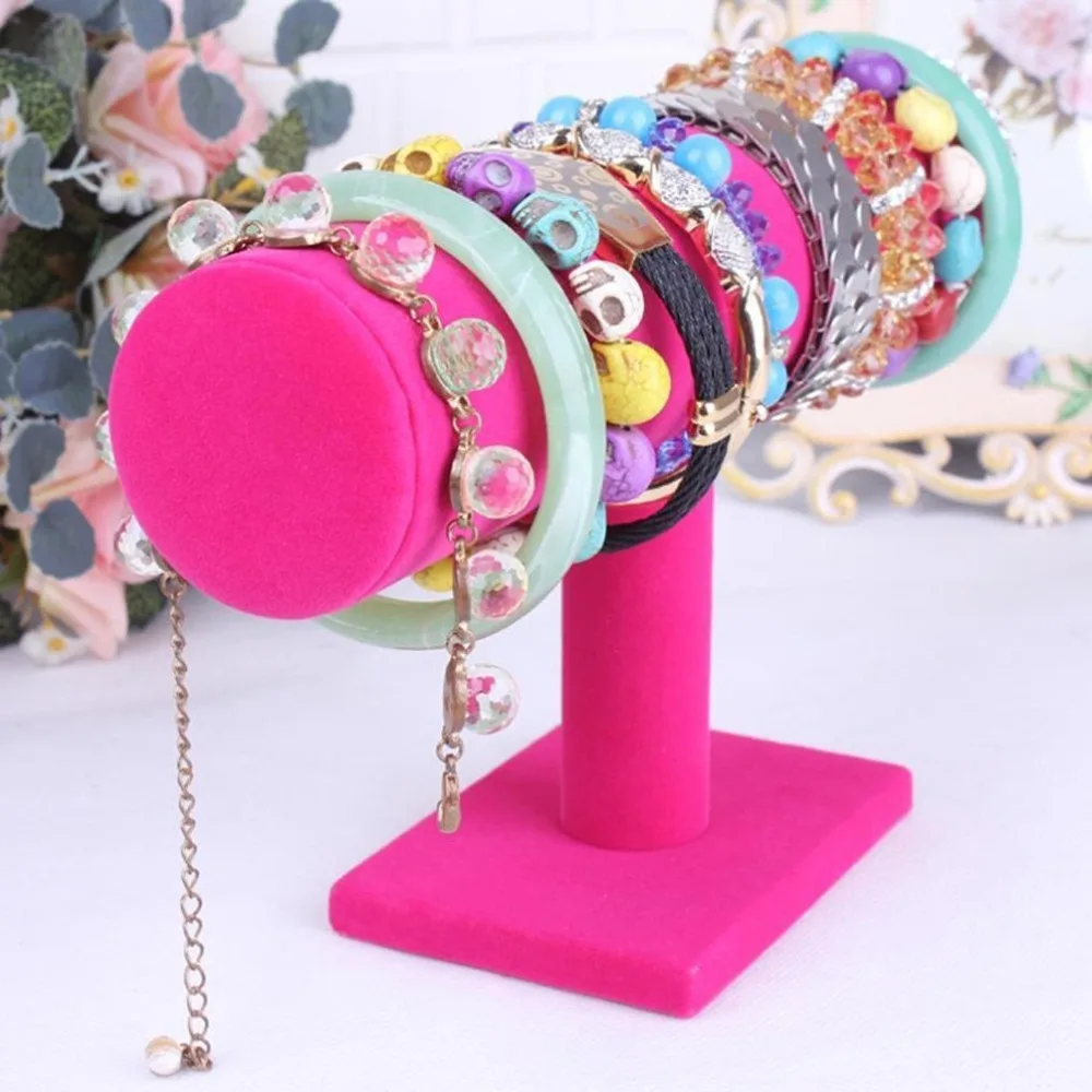 Rose Red Velvet Hovering Single Tier T-Bar Bracelet Watch Holder Necklace Jewelry Display Stand Rack for Home Organization