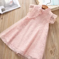 2024 Summer 2 3 4 5 6 8 10 Years Crew Neck Fly Sleeve Baby Mesh Floral Chiffon Chinese Ethnic Style Kids Girls Cheongsam Dress