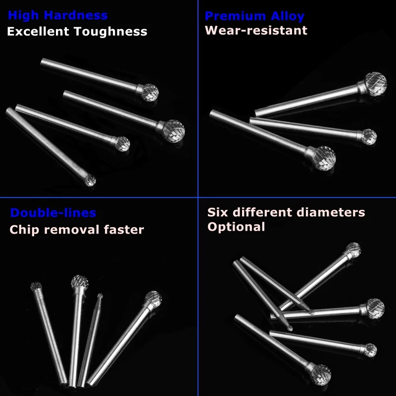 6 pieces 3mm Shaft Ball Carbide Burs Tungsten Steel Rotary Files Milling Cutter Grinder Drill Power Tool