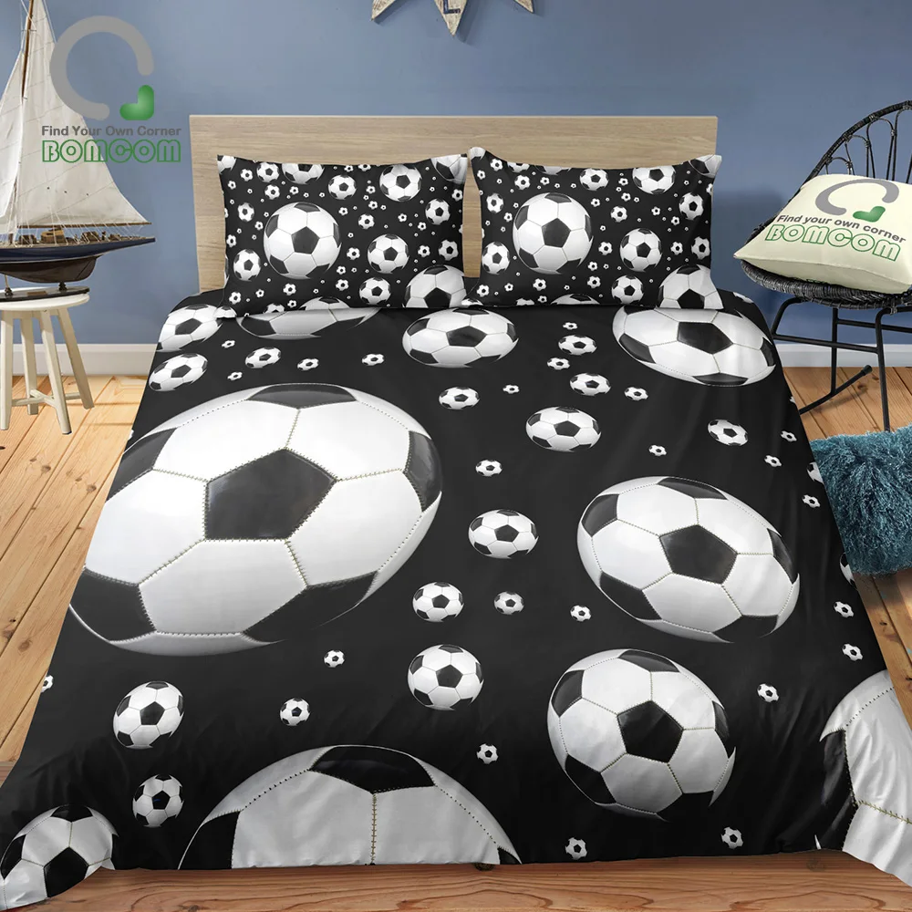 BOMCOM 3D Digital Printing Football Bedding Set Soccer Ball Flying & Jumping Duvet Cover Sets 100% Microfiber Black & White