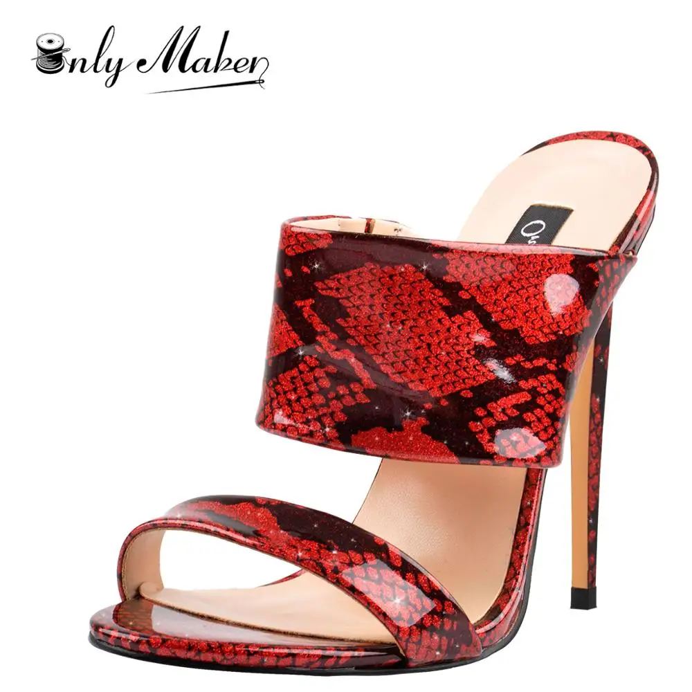 

Onlymaker Womens Red Black High Heels Mules Open Toe Sparkling Snake Printd Ladies Summer Sandals For Party Dance Big Size 15