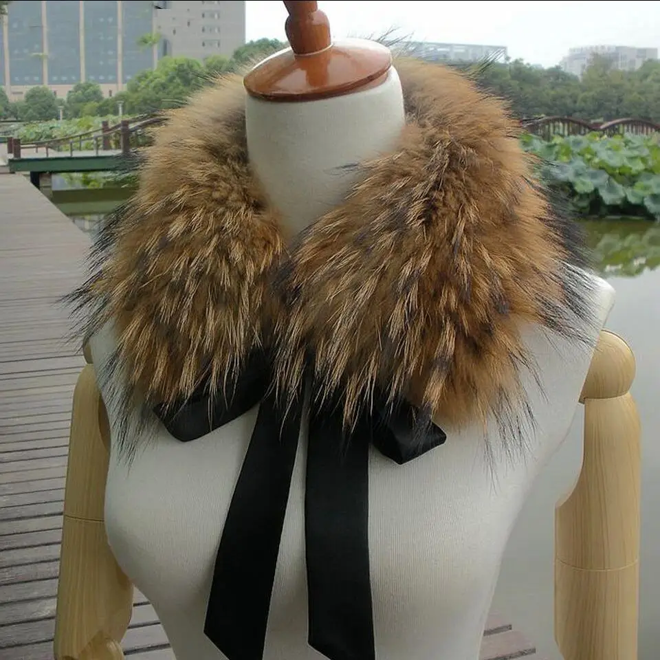 FXFURS 2020 new Fashion Fur Scarf Real Raccoon Dog Fur Collars with Ribbon Real Fur Stole for Wool Coats 48CM