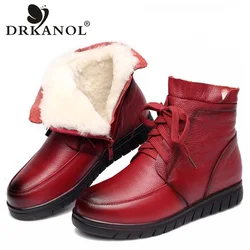 DRKANOL 2024 Women Snow Boots Vintage Genuine Leather Natural Wool Fur Winter Warm Ankle Boots For Women Flat Mother Shoes H7075