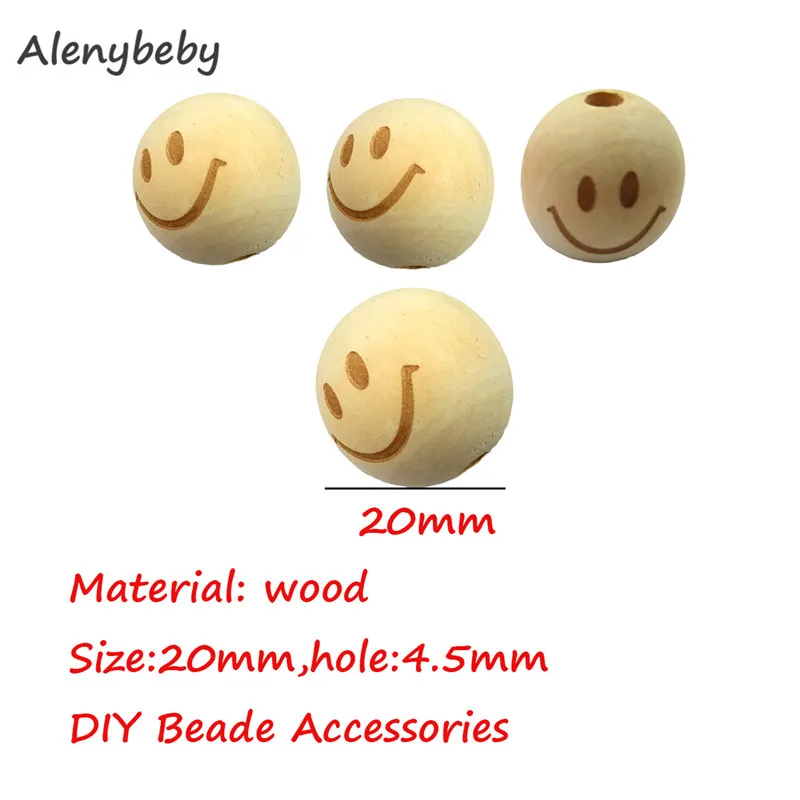 210pc Wooden Beads Teether 20mm DIY Natural Baby Teether Product Eco-Friendly Wood Round Printing Star Balls Beading Nursing Toy