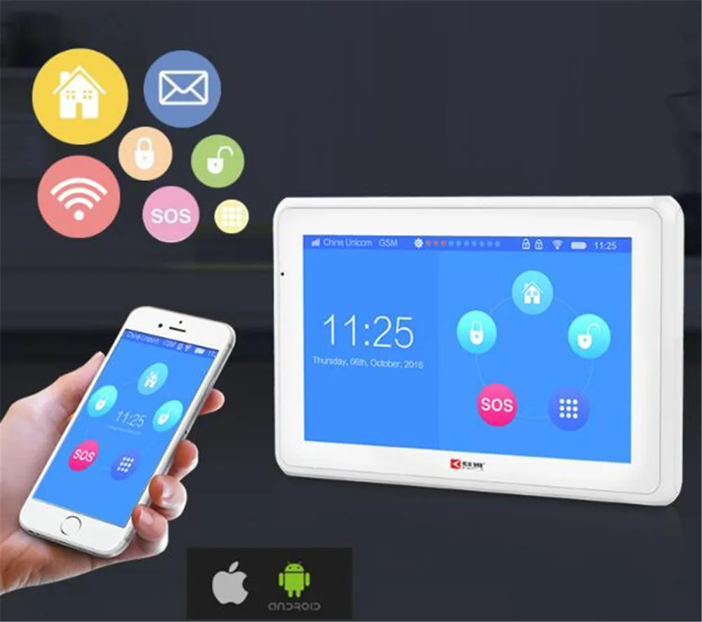 7 Inch Touch Screen TFT Color Display WIFI+ GSM Burglar  Alarm System APP Remote Control