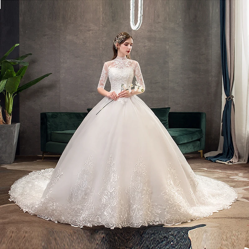 Robe de Mariée en Dentelle Brodée avec Grande Traîne, Tenue Vintage à Col Haut et Demi-Manches, pour Patients, 2023