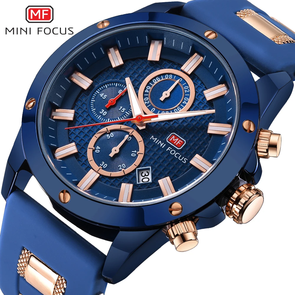 MINI FOCUS Watch Men Chronograph Top Brand Luxury Quartz Sports Watches Army Military Silicone Strap Wrist Watch Male Blue Clock