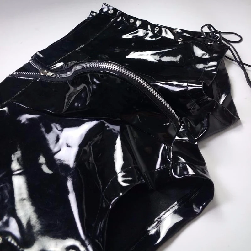 Wetlook Faux Leather Boxer Black Sex Gay Zipper Front Men Panties Sexy Hot Erotic Hollow Out Side Underwear Vinyl Boxer Shorts