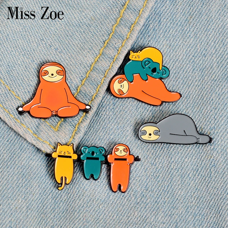 Cute Funny Sloth Enamel Pin Lazy Animal Koala Cat Badge Brooch Lapel Pins Denim Jeans Shirt Bag Cartoon Jewelry Gift for kids