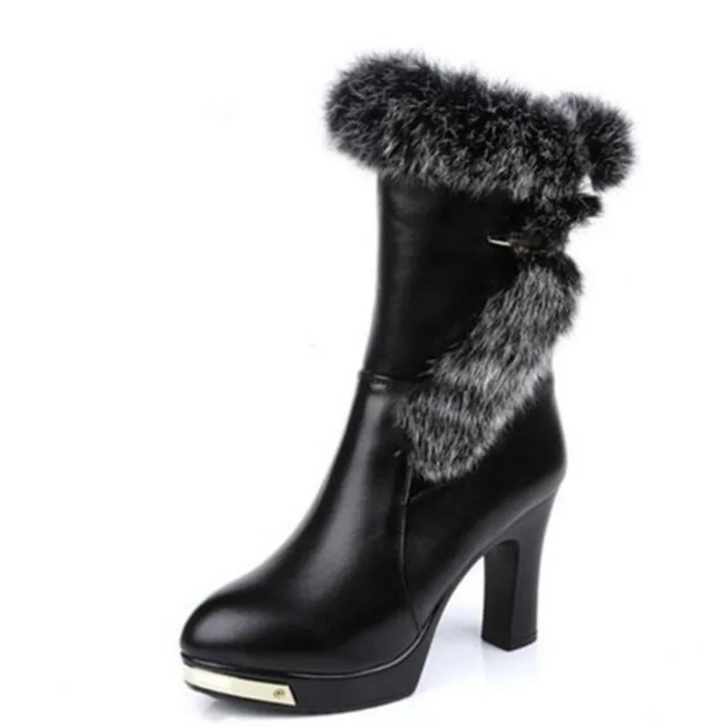 ZXRYXGS 2024 New High-end Real Rabbit Fur Cowhide Autumn Winter Shoes Woman Boots High-heel Boots Fashionable Warm Snow Boots