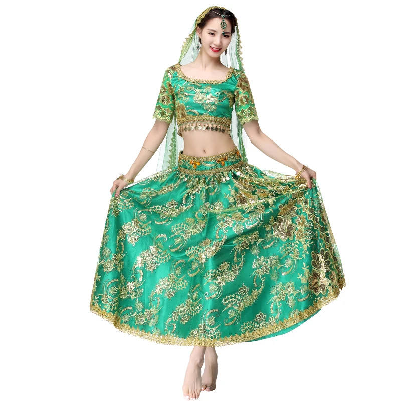 Halloween Vrouwen Buikdans Slijtage Indian Dance Outfits Organza Geborduurde Munten Bollywood Kostuum 4 Stuks Set (Top + Riem + Rok + Sluier)