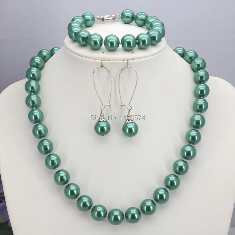 New Arrival Christmas Gifts Girls 12mm Green Round Shell Pearl Beads Necklace Bracelet Earrings Sets Jewelry Making Design Women