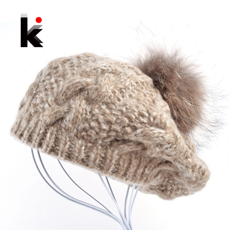 2018 Winter Raccoon fur pompom beret ladies knit wool hat hand-knitted cap female berets hats for women boina feminina Gorras