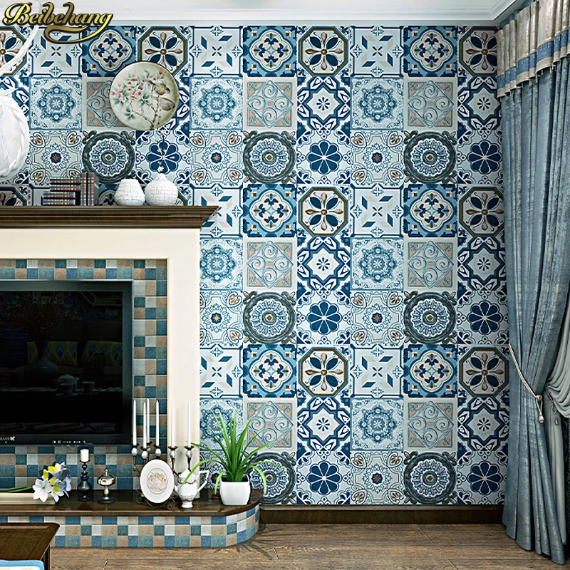 

beibehang Imitation tile wallpaper bohemian ethnic style Mediterranean Southeast Asian style living room bedroom kitchen