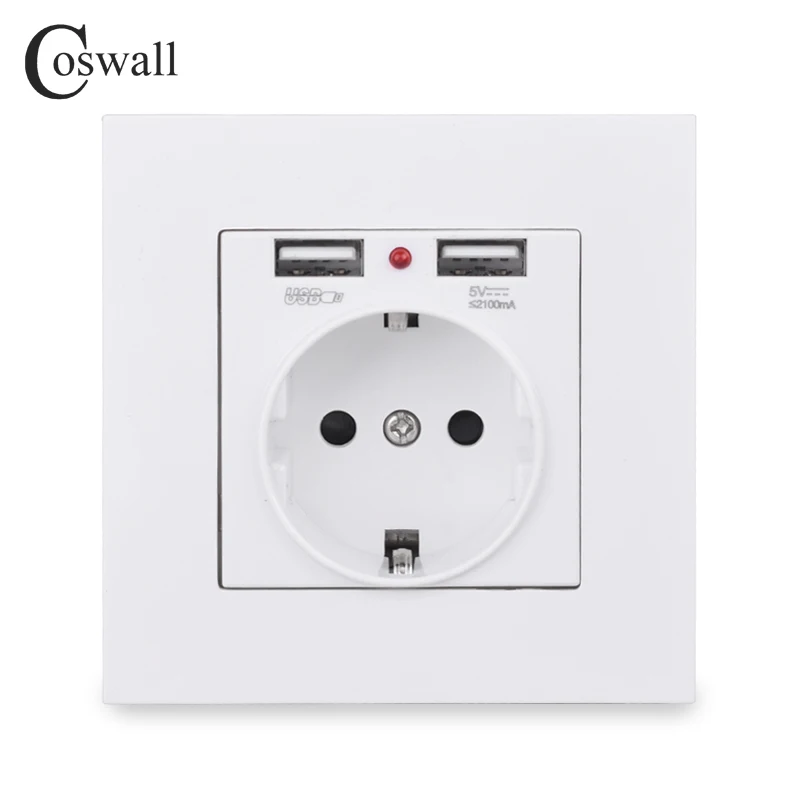 COSWALL Wall Socket Grounded Children Protective Door, EU Russia Spain Outlet With 2.1A Dual USB Charging Black White PC Panel