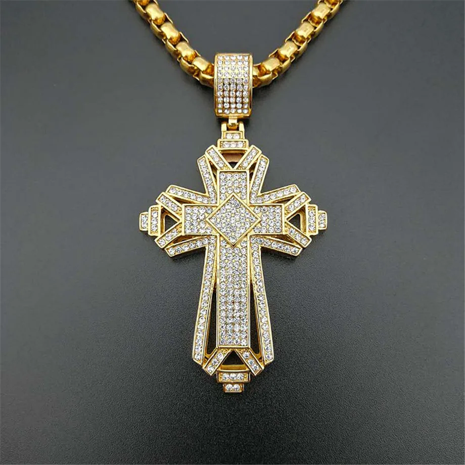 2019 Newest Iced Out Stainless Steel Big Cross Pendant Necklace for Men Gold Color Christian Cruzar Necklace Religious Jewelry