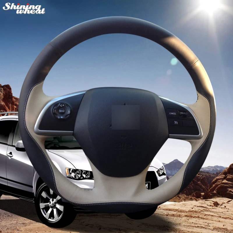 

Shining wheat Hand-stitched Black Beige Leather Steering Wheel Cover for Mitsubishi Outlander 2013 2014 Mirage 2014 ASX