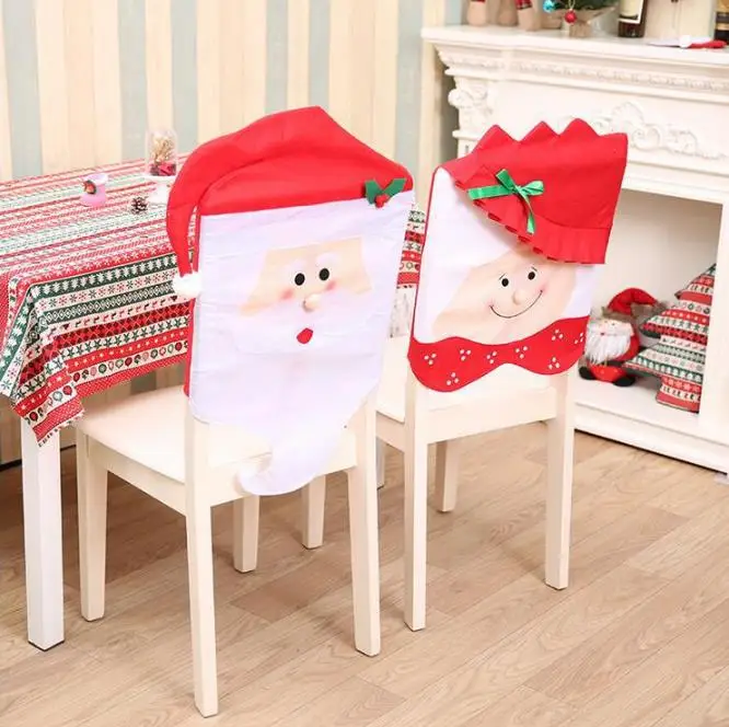 Christmas Mr Mrs Santa Claus Hat Chair Back Cover Table Room Holiday Decoration