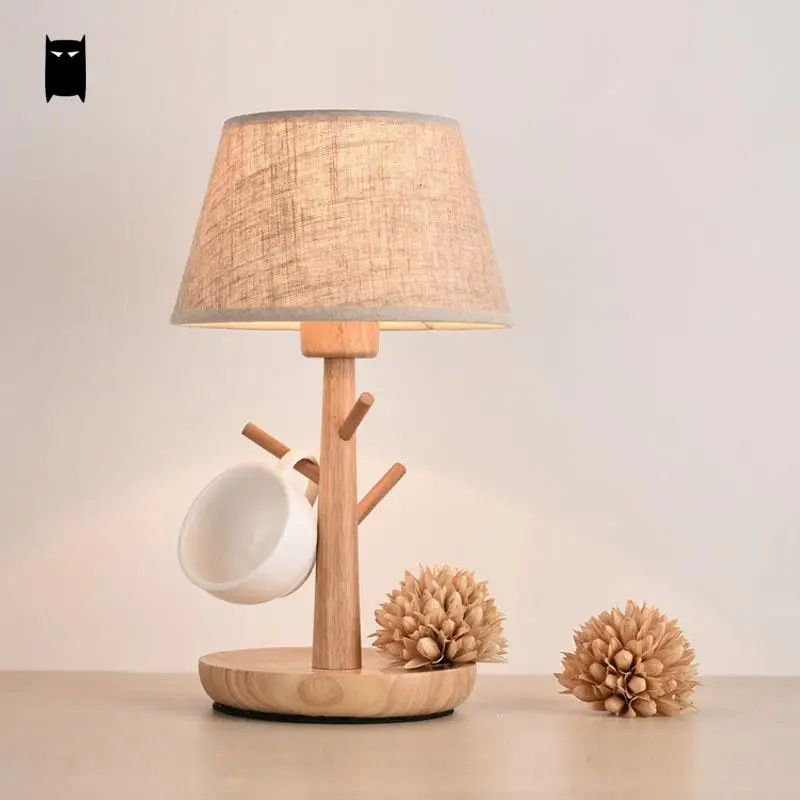 Oak Wood Fabric Shade Table Lamp Fixture Minimalist Nordic Art Deco Creative Hook Desk Light Abajour Luminaria Bedroom Bedside