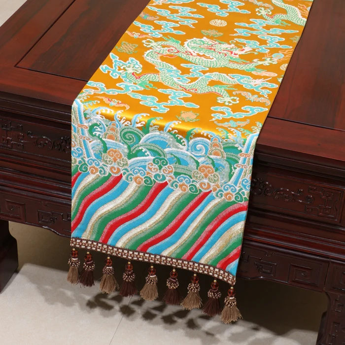 Custom Multi Tassel Thick Chinese Dragon Table Runner Cloth, High Density, Silk Brocade, Dinner Desk Mat, Luxury Bed Runner