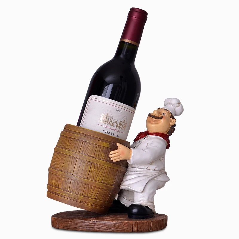 Funny Chef Statue Bottle Stand Decorative Polyresin Wine Barrel Barware and Drinkware Device Gift Craft Ornament Accessories