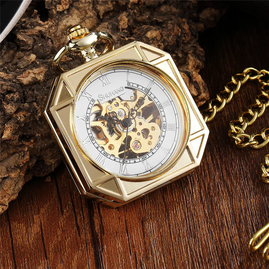 Luxury Gold Polygon Design Mechanical Pocket Watch with FOB Chain Skeleton Steampunk Hand Wind Mechanical Mens Watch With Chain