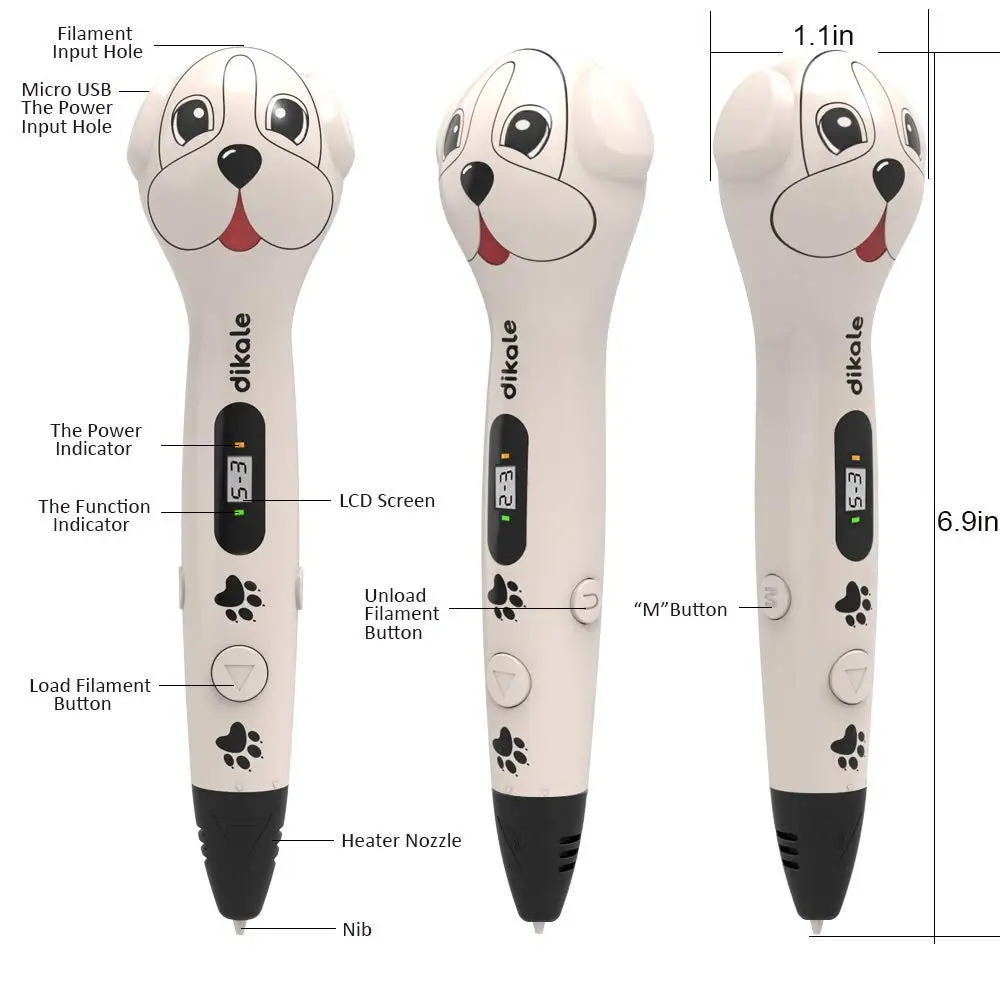 Dikale 3D Printing Pen OLED Screen Cute Dog 3D Pen Printer Pencil Free 3Mx12 Colors PLA Filament Refill DIY Creative Hobbies Toy