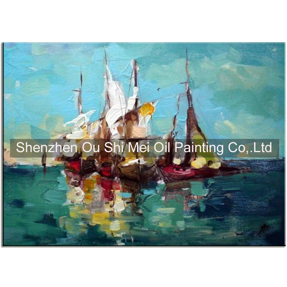 Hand Painted Knife Boat Oil Painting on Canvas Seascape Painting Impression Blue Sea Picture Artwork for Living Room Decor