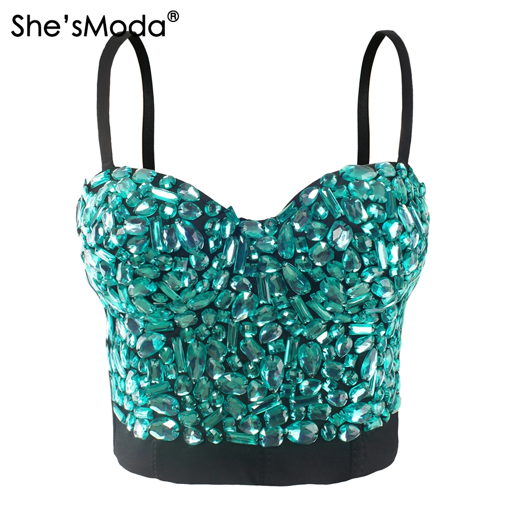 

She'sModa Hand-made Beaded Gaga Rhinestone Bustier Pearls Push Up Night Club Bralette Women's Bra Cropped Top Vest Plus Size