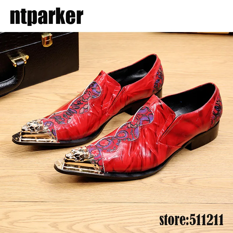 ntparker Brand Italian fashion mens genuine leather shoes sales Red pointed Iron toe business office red designer Wedding Menmen