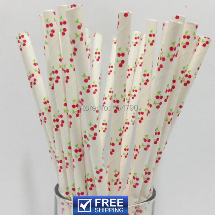 

200 Pcs Red and Green Cherry Paper Straws Bulk,Blossom Retro Vintage Girly Girl Picnic Pie Cake Pop Sticks