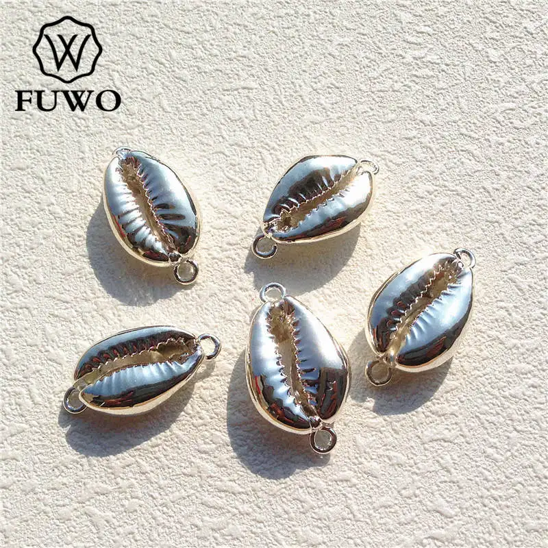 FUWO Natural Cowrie Shell Connector Pendants Silver Plated Money Shell Charms Fashion Coastal Jewelry Making Wholesale PD517