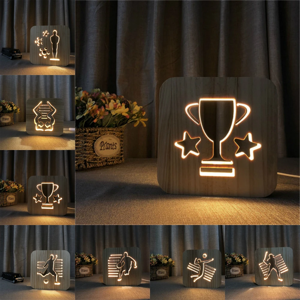 3D Wooden Sports Night Light DIY Customize Lamp Football Basketball Volleyball Baseball Table Lamp Friends Birthday Trophy Gift