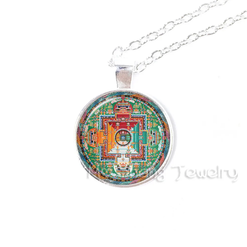 Hinduism Sri Yantra Pendant Red Mandala Lotus Flower Necklace for Women Glass Dome Buddhist Necklace India Jewelry Vintage