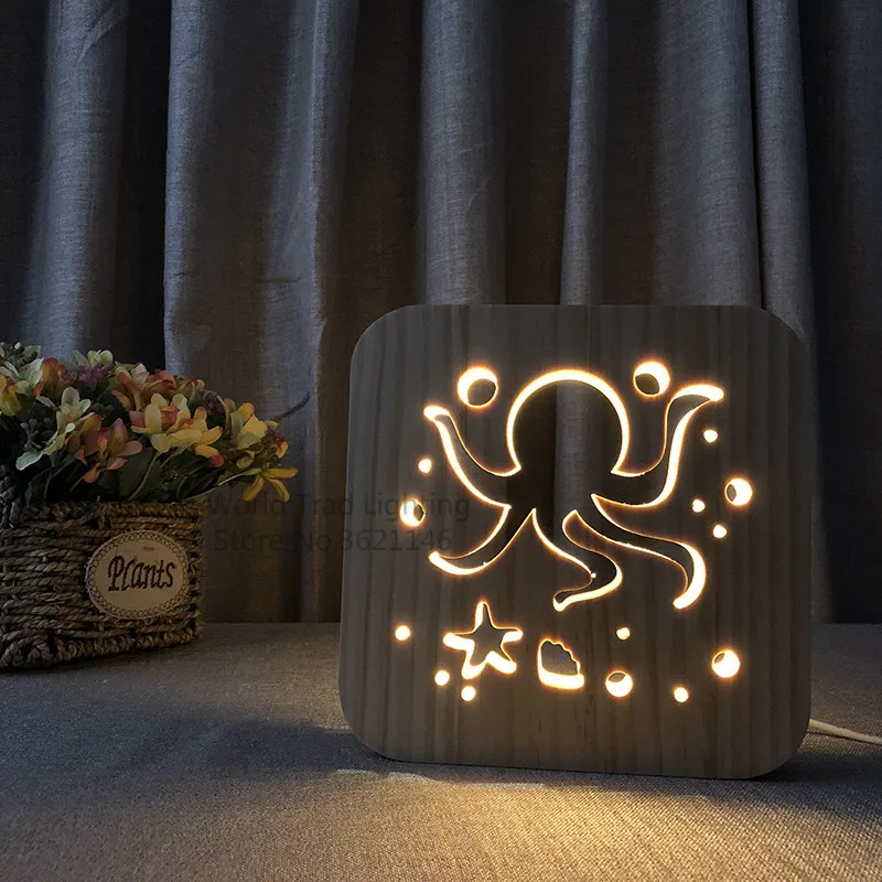 

Xmas LED Wood Light 3D Illusion octopus cuttlefish Shape Luminaria marine life ocean Gift For Kids Birthday Bed Room Light Decor