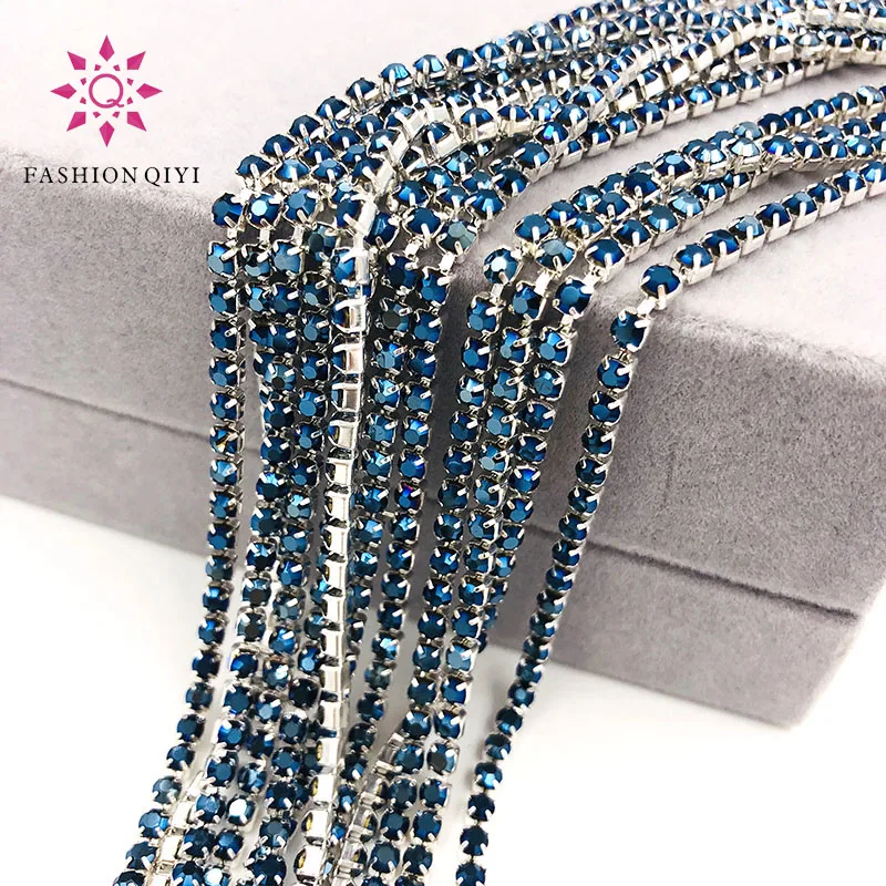 Free shipping 5 yards/bag Super bright encryption Cobalt blue 2mm-4mm silver base rhinestones cup chain,diy clothing accessories