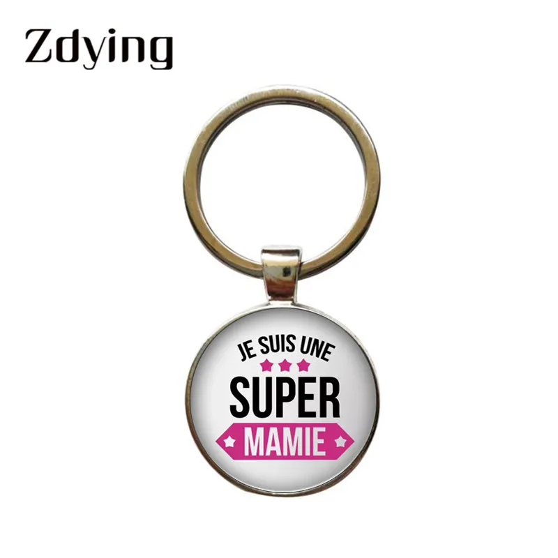 ZDYING Je Suis Une Super Mamie Keychain Glass Cabochon Super Papy Pattern Metal Key Ring Holder Grandmother Jewelry Gift Mi005