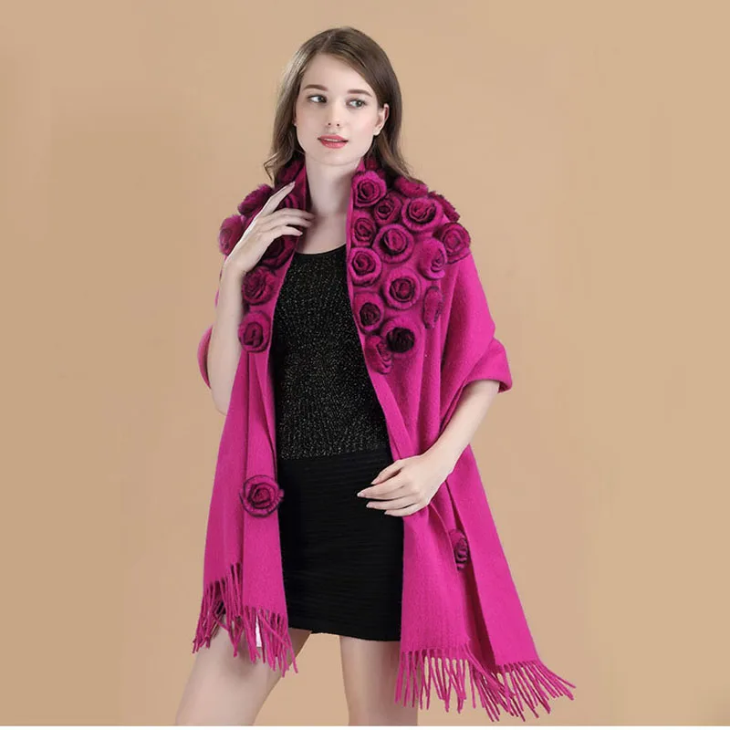 New Arrival Black High Quality Women's 100% Wool Rabbit Fur Rose Pashmina With Fine Tassel Thick Shawl Scarf Warm 112802