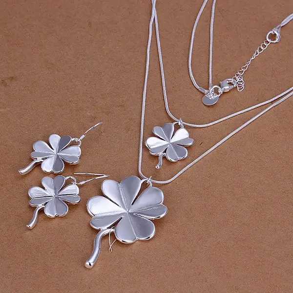 S184 Silver Plated Wholesale Jewelry Sets for Women Girl Hot Sale Charms 925 Fashion Four-Leaved Clover Earrings Necklace