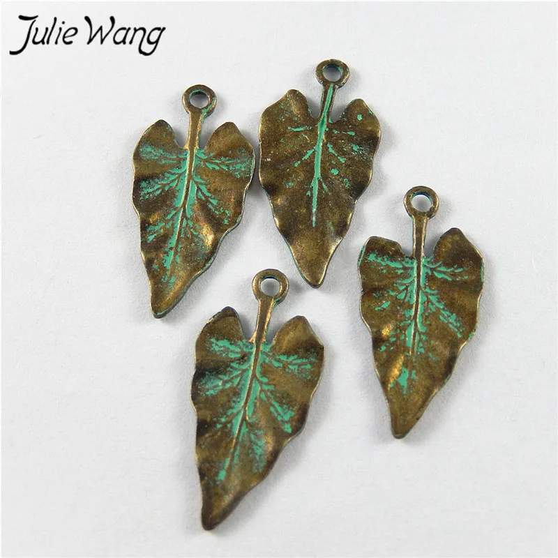 Julie Wang 20PCS Antique Bronze Charms Green Heart Shape Leaves Suspension Pendants Jewelry Making Earring Necklace Accessory