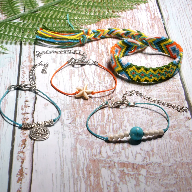 MOON GIRL Handmade Weave Bobo Lotus Anklet Set Fashion Starfish 4 Pieces Bohemian Chic Summer Bracelet ankle for Women Gift