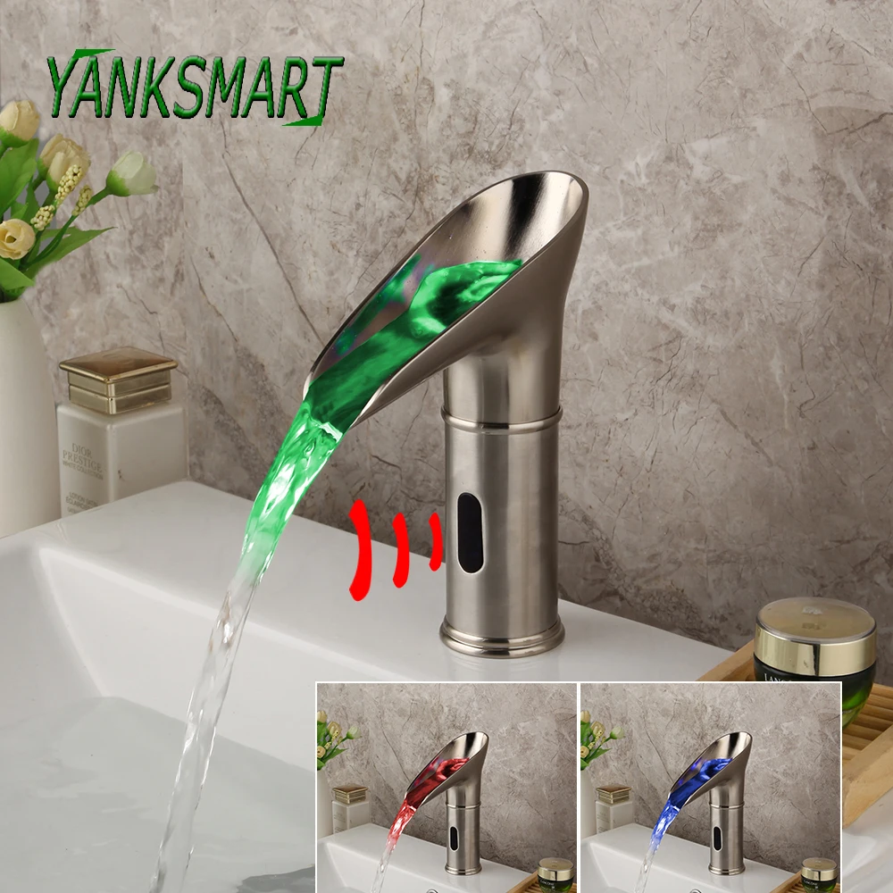 

YANKSMART Brushed Nickel LED Bathroom Basin Sink Faucet Waterfall Automatic Infrared Sensor Hand Touch Tap Only Cold Tap