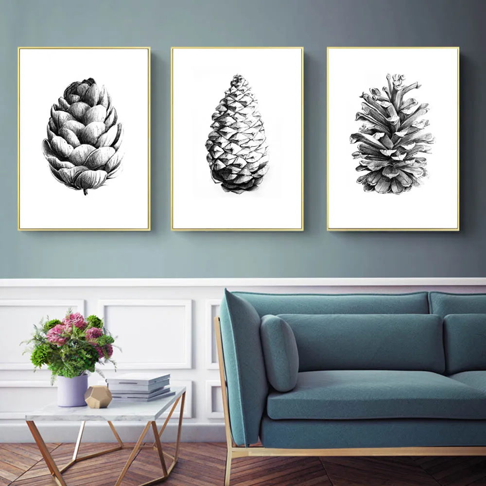 Black and White Sketch Hand Draw Pine Cone Canvas Painting Art Posters Prints Nordic Wall Pictures for Living Room Home Decor image 2