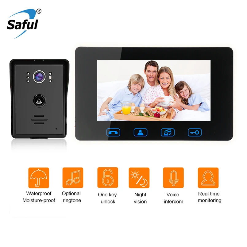 

Saful 7'' TFT Color Wired Video Door Phone Waterproof Hand-free Smart Doorbell Video Intercom with Unlock Function