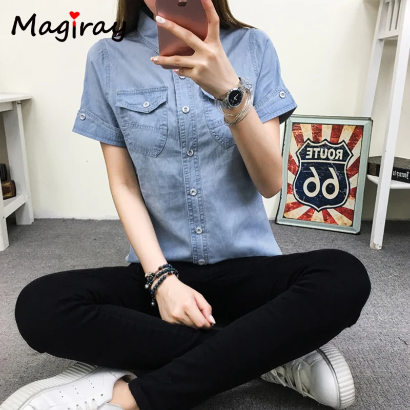 Magiray Harajuku Denim Blouse Women Summer Short Sleeve Vintage Jeans Shirt Femme Baggy Button Pocket Casual Blusa Feminina 316