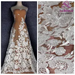 La Belleza new heavy beaded wedding dress lace fabric off white beads sequins lace fabric big flowers pattern lace 1 yard