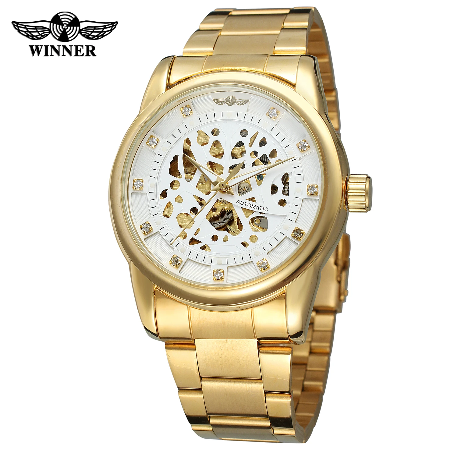 

Winner Royal Diamond Design Black Luxury Gold Full Stainless Steel Clock Montre Homme Men Relogio Male Skeleton Mechanical Watch