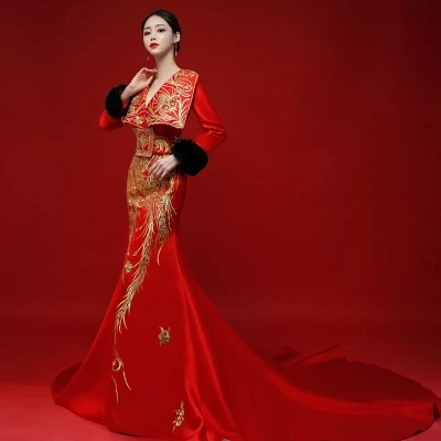 luxury red with golden embroidery mermaid dress cosplay stage performance carnival studio party show red carpet dress