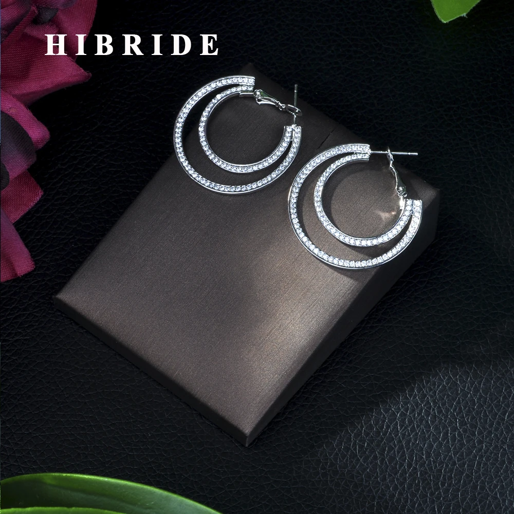 

HIBRIDE Designable Fashion Brand Jewelry White CZ Stone White Gold Color Big Post Hope Earrings For Women E-402