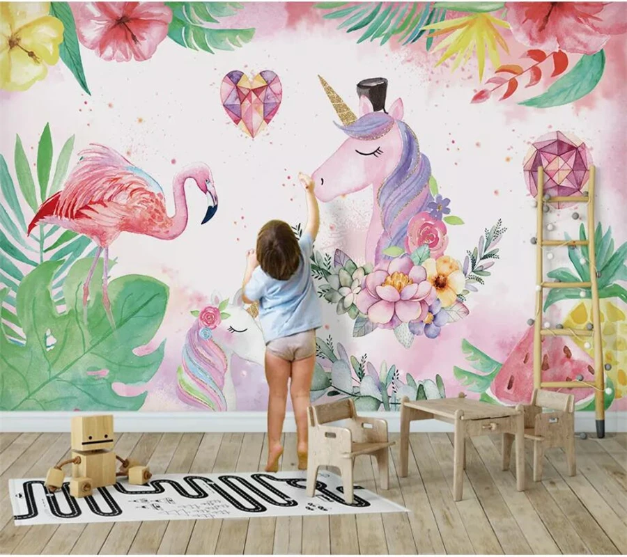 

beibehang Custom wallpaper 3d photo murals Nordic simple flamingo unicorn children's room decoration TV background wall paper